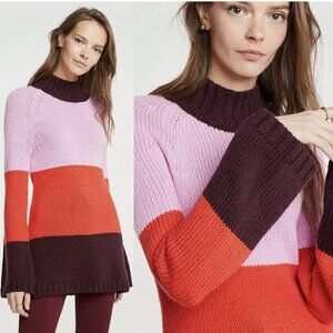 NWT ANN TAYLOR Colorblock Striped Mock Neck Knit Tunic Sweater Bell Sleeve Sz M